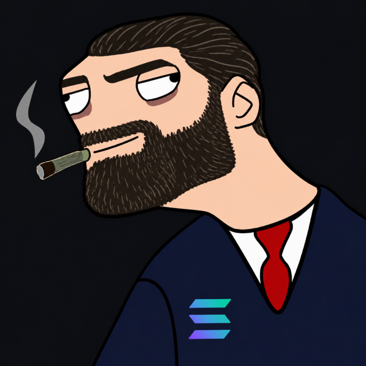 Illustration of Sigma Boden in a dark suit with a red tie